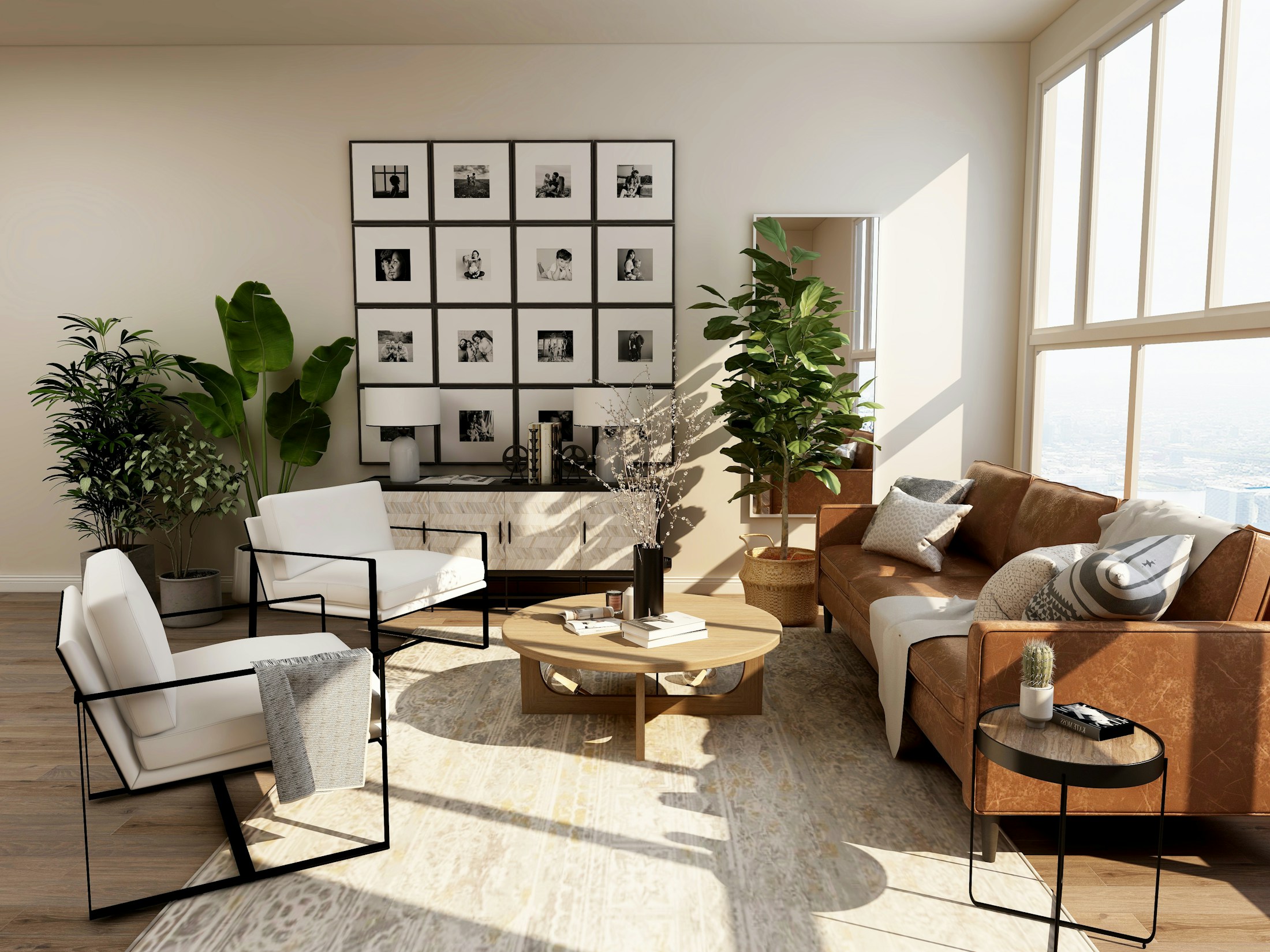 Bright living room with gallery wall and leather seating