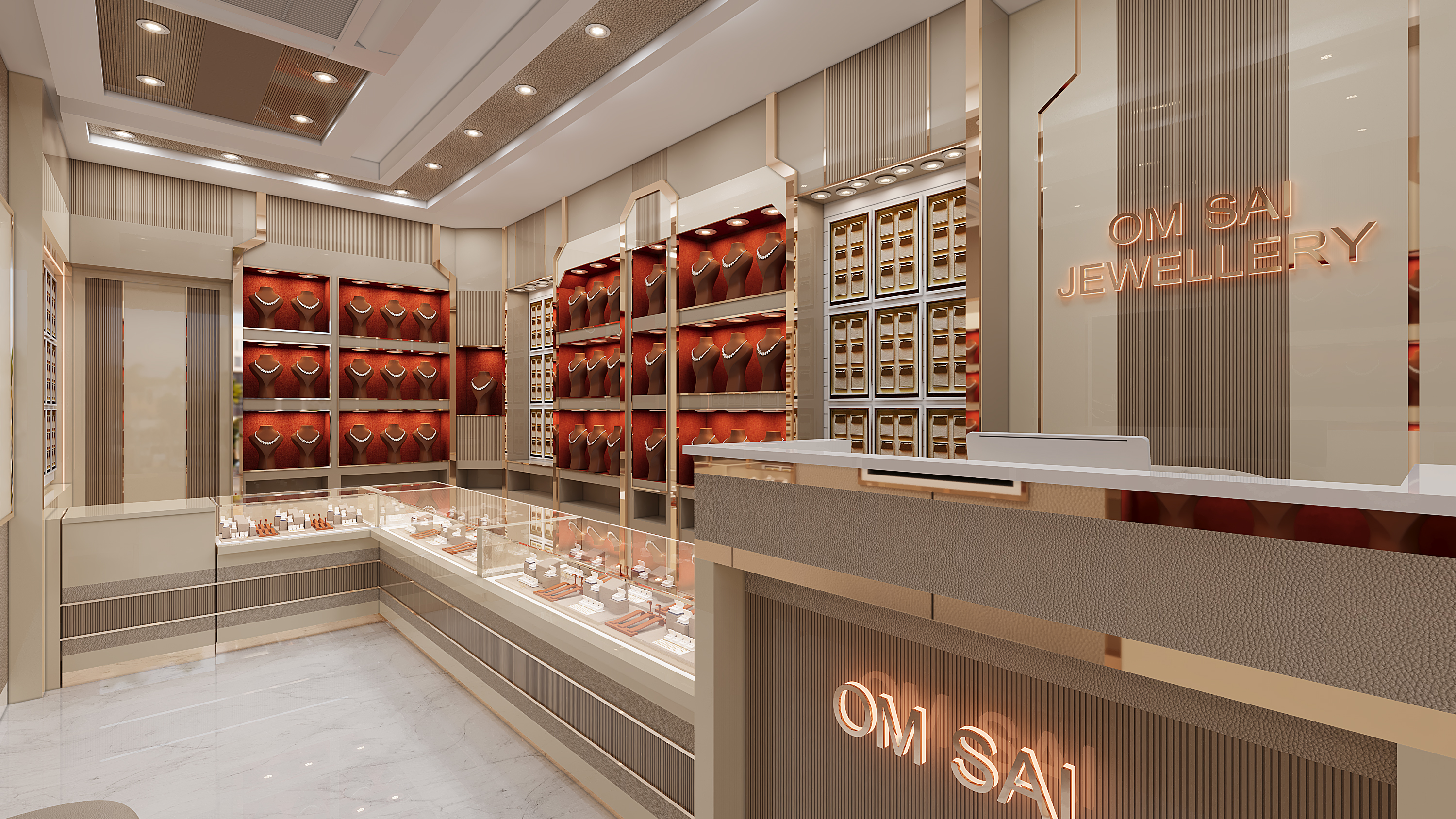 Jewellery display case in a warm showroom