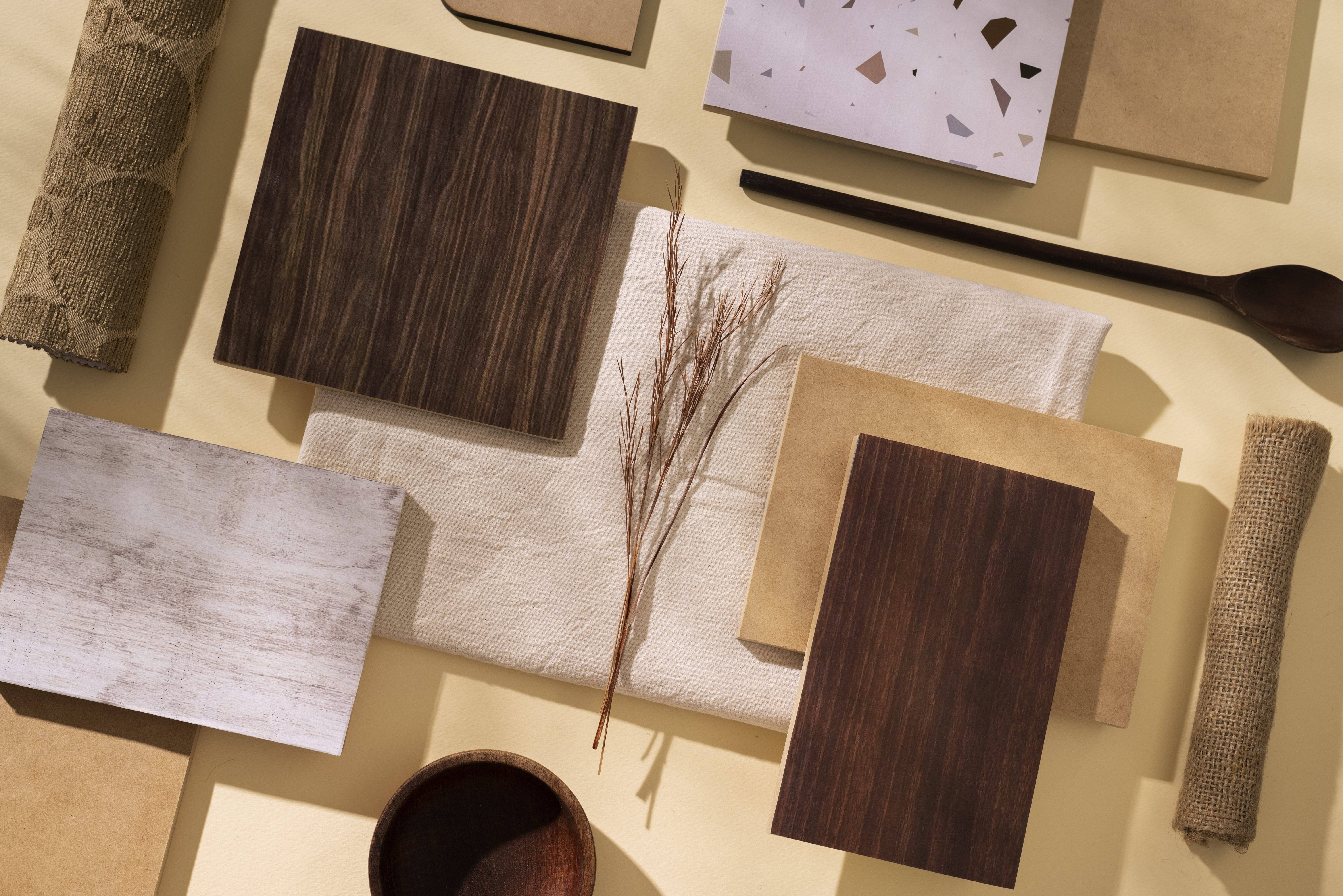 Material samples and warm architectural surfaces