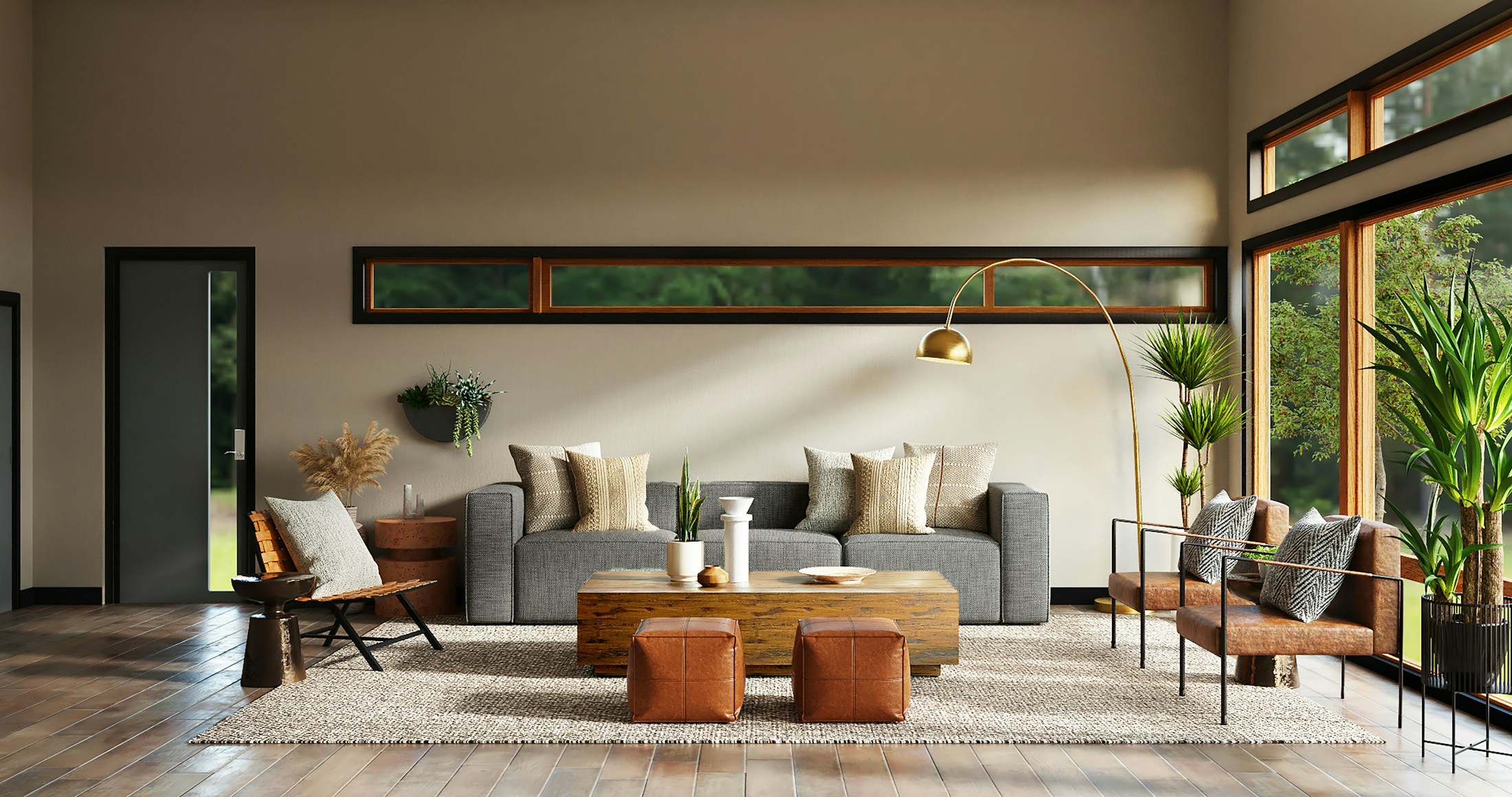 Warm living space with layered natural materials